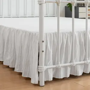 Full Size Tufted Ruffled Split Corner Bed Skirt 14 Inch Drop Dust Ruffle with Platform White Striped