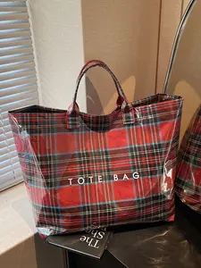 Large Capacity Trendy Plaid Pattern Tote Bag, Women's Fashion Casual Letter Decoration Handbag, Stylish Daily Use Shoulder Bag, High Capacity Tote Bag