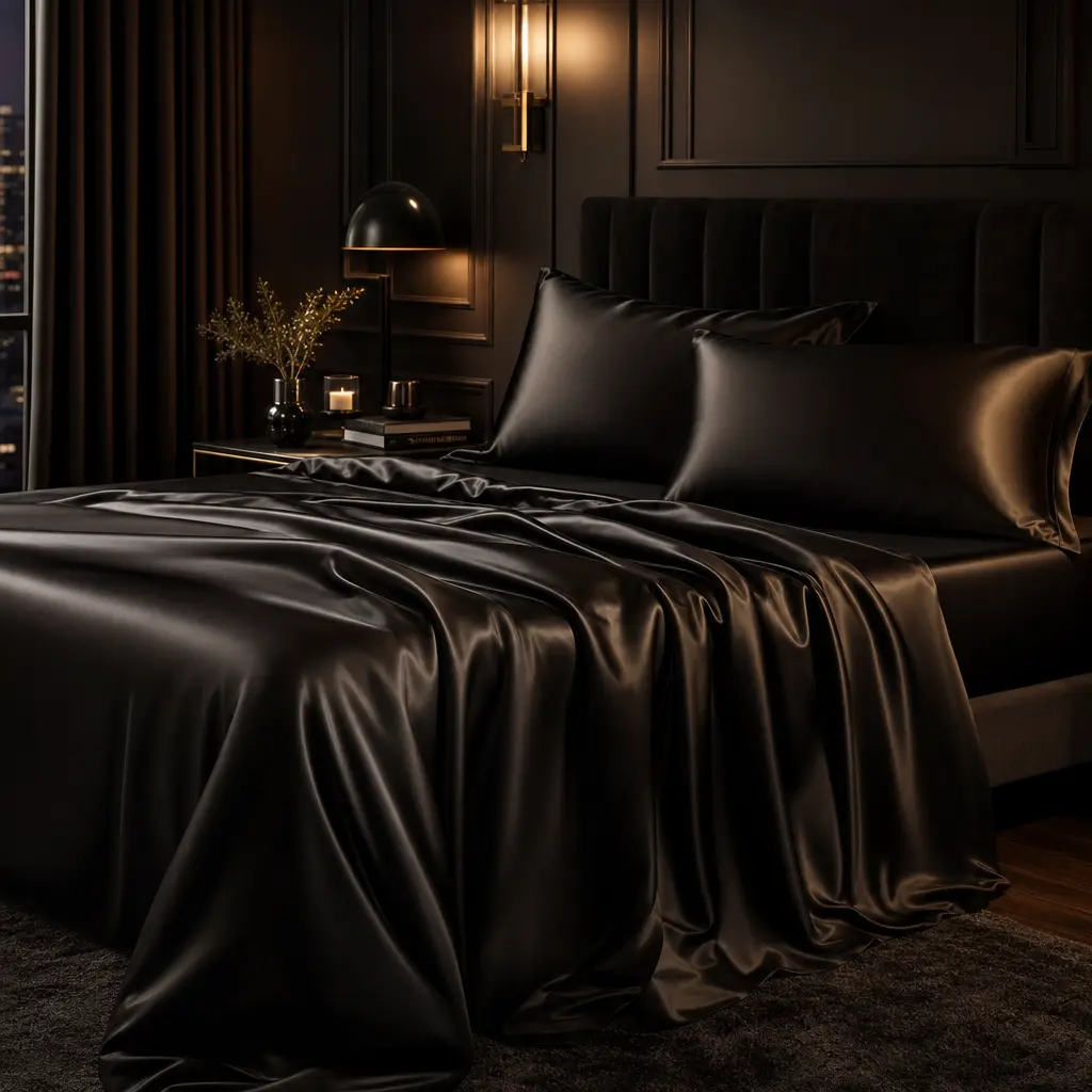 Sasttie Satin Sheets Queen Size - 4 Pieces Luxury Soft Black Silky Bed Sheets Set with Pillowcases - Smooth Silk-Like Satin Fabric, Reinforced 14 Inches Pocket, Oeko-Tex Certified