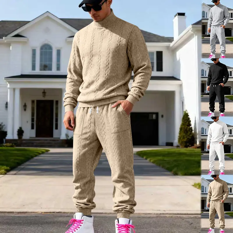 KZZ Men's Textured Knit Two-Piece Set High Neck Sweater with Drawstring Pants Soft Comfortable Casual Home Wear for Daily Outdoor Use Beige Black christmas gifts for him