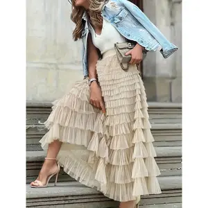 Women's Plain Ruffle Hem Tiered Layer Knit Skirt, Elegant Chic Aesthetic High Waist Fit Long Skirt for Vacation Holiday Party, Ladies Bottoms for All Seasons, Long Skirt Women Womenswear