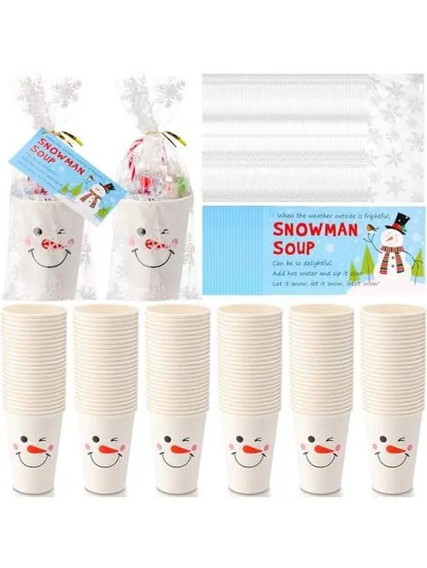 24/50/100 Sets Christmas Snowman Soup Kits for Classroom Coworker Gift 12 Oz Winter Snowman Paper Cups for Hot Cocoa Chocolate Soup Tags Clear Xmas Bags