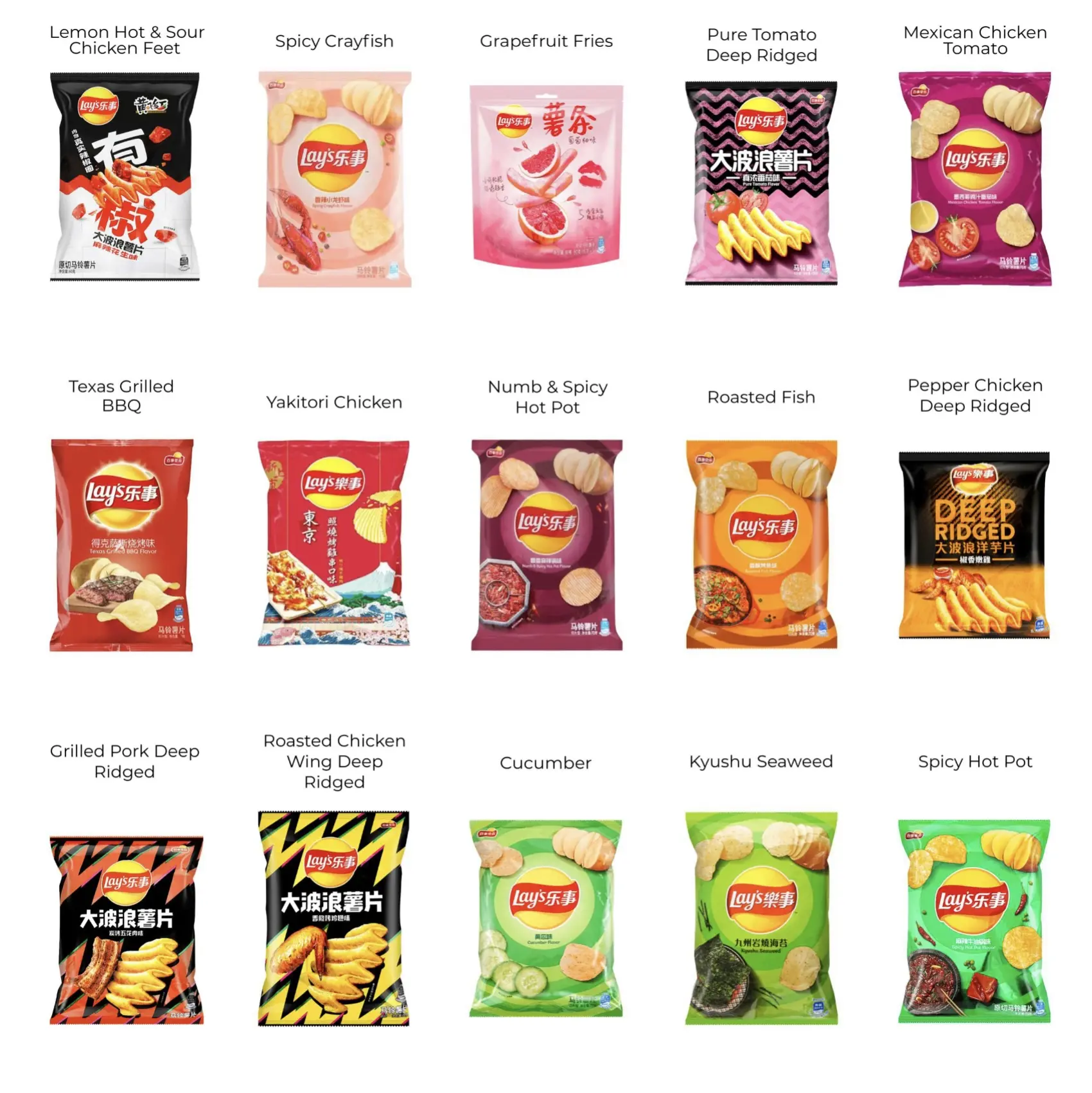 Limited Edition Lays Chips Flavors - 6 Full Bags ( 5x Regular Bags (70g) / 1x Huge Family Sized Bag (135g) - Imported from Japan, China, and Korea