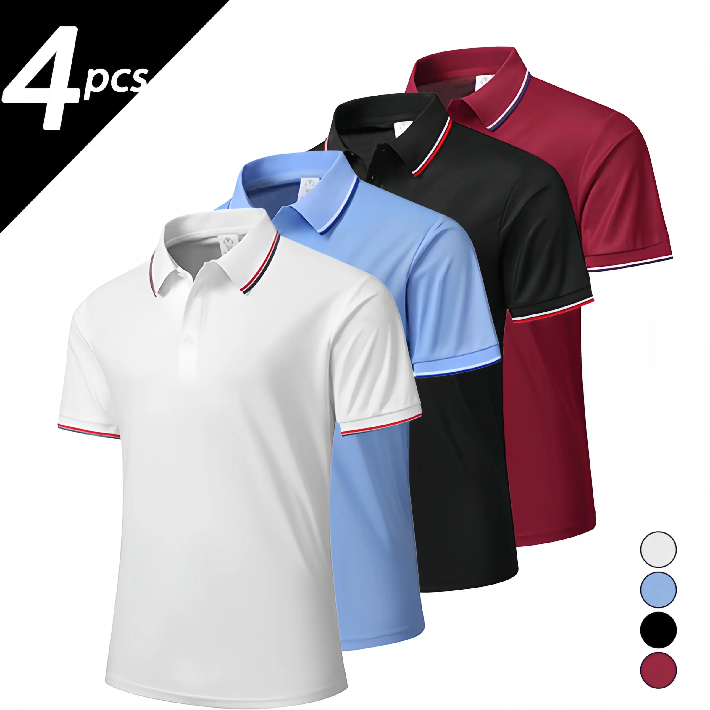 Four-piece solid-color short-sleeve athletic set featuring a turn-down collar and striped contrast design; available in multiple colors. Fashionable and versatile, knit fabric that  breathable Quick Drying Spring Sportswear Sporty Style, Plain