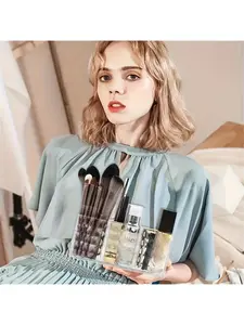 Large Capacity Clear Divided Makeup Brush Organizer - No Assembly Required, Lightweight Stable Base, Geometric Pattern Polished Surface, Storage for Lipsticks, Eyeshadows, Cosmetics & Skincare, Perfect for Vanity & Bathroom Countertop