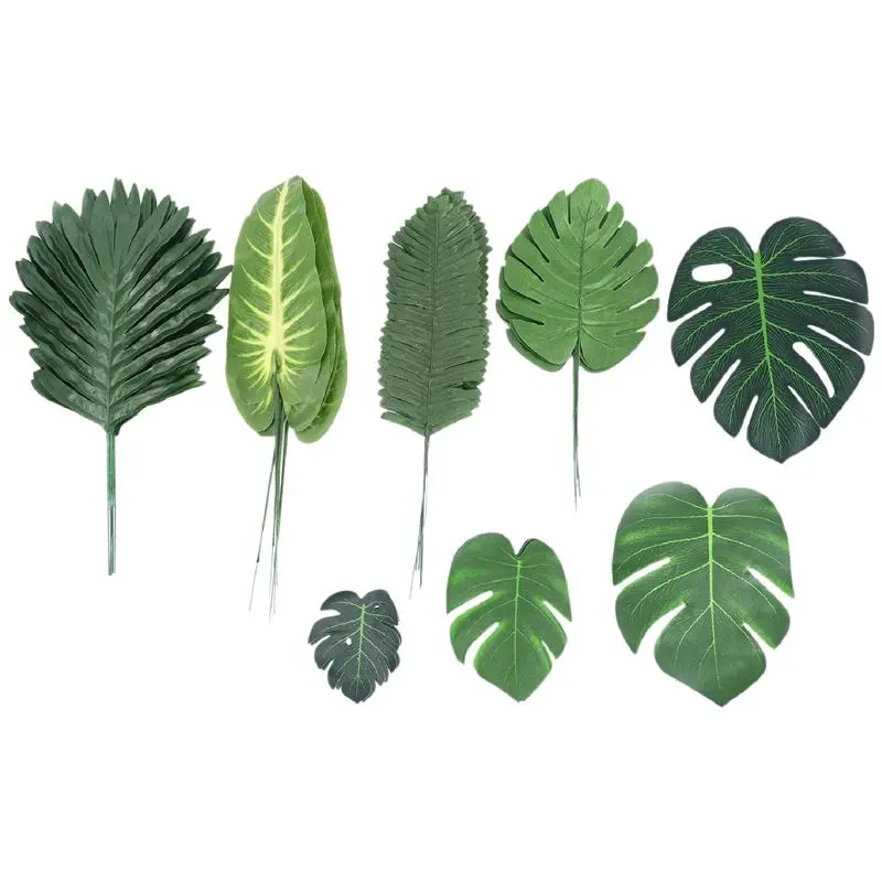 68-Piece 8-Kind Tropical Party Decorative Artificial Leaves Set - Lightweight Monstera & Palm Leaves with Faux Stems for Vase, Plant Decoration, Leaf