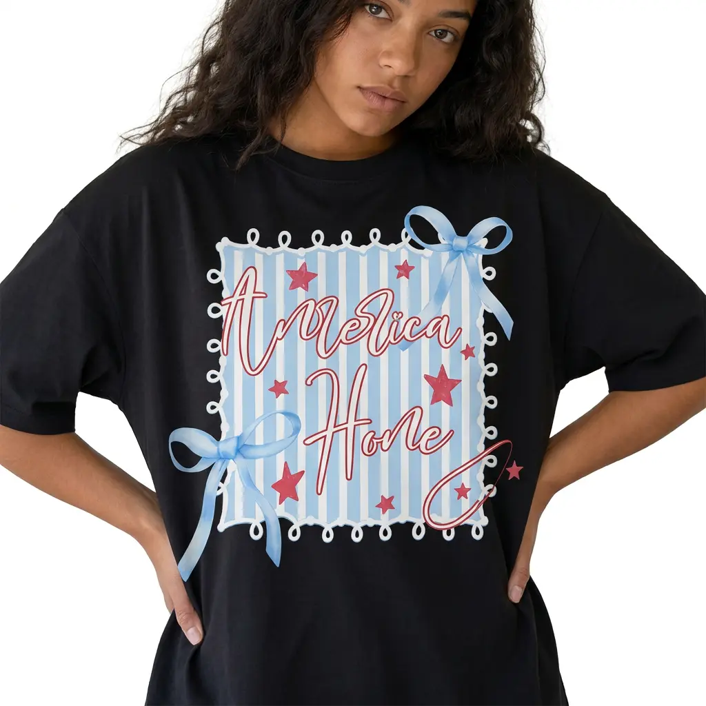Coquette Americana Women's 100% Cotton Tee Patriotic Bows and Stars Graphic T-Shirt Plus Size