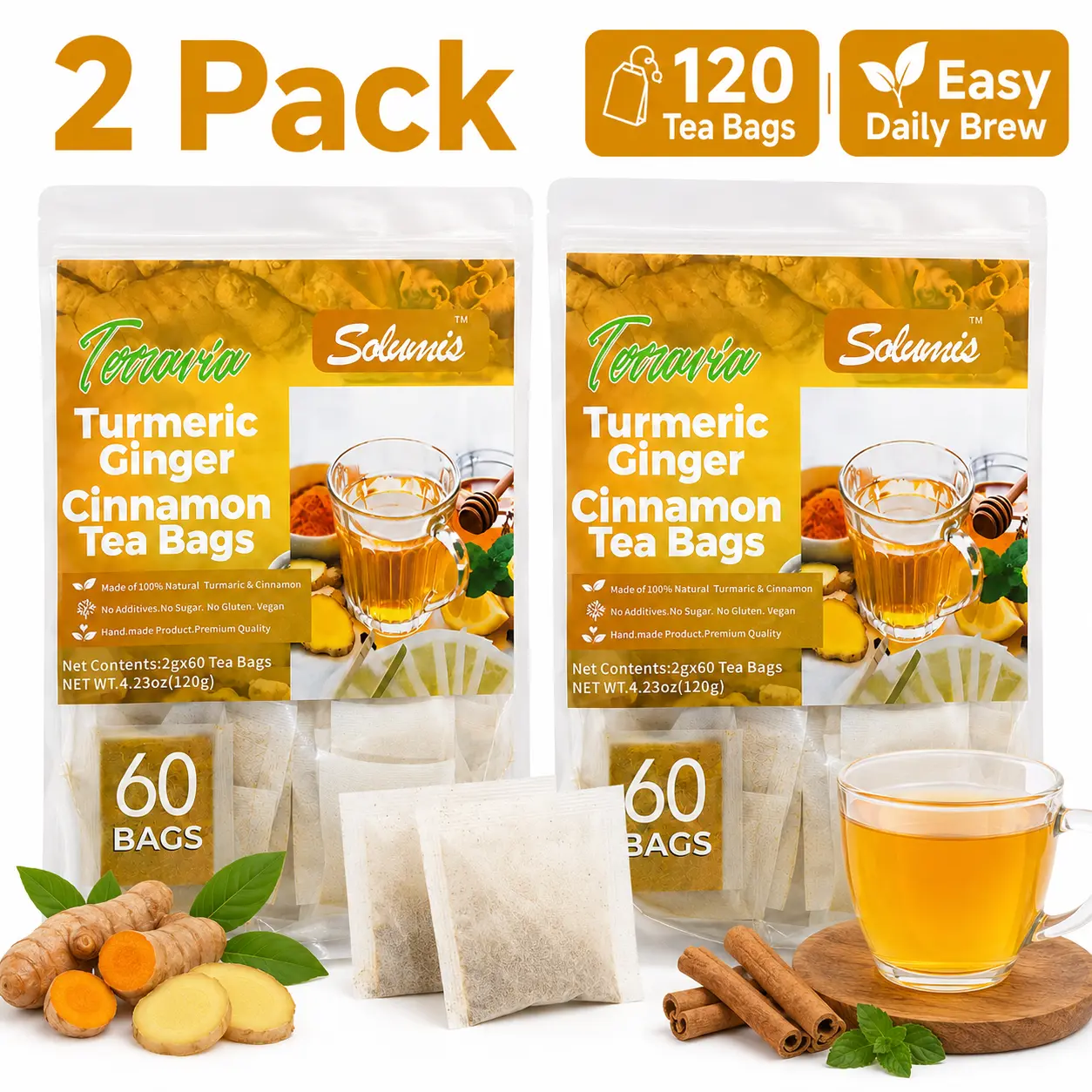 Turmeric Ginger Cinnamon Tea 120 Tea Bags Anti-Inflammatory Herbal Beverage Premium Natural Ingredients Eco-Conscious Tea Bags Sugar Free Caffeine Free Gluten Free Vegan