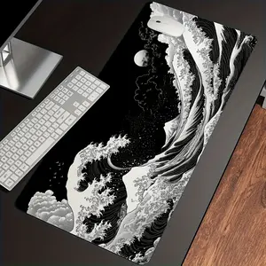Great Wave Black White Extended Mouse Pad | Minimalist Kanagawa Wave Desk Mat, Non-Slip Large Gaming Pad for Artistic Home Office Decor #GreatWaveDeskPad #KanagawaWaveMat #MinimalistHomeDecor #GamingMousePad #JapaneseAesthetic