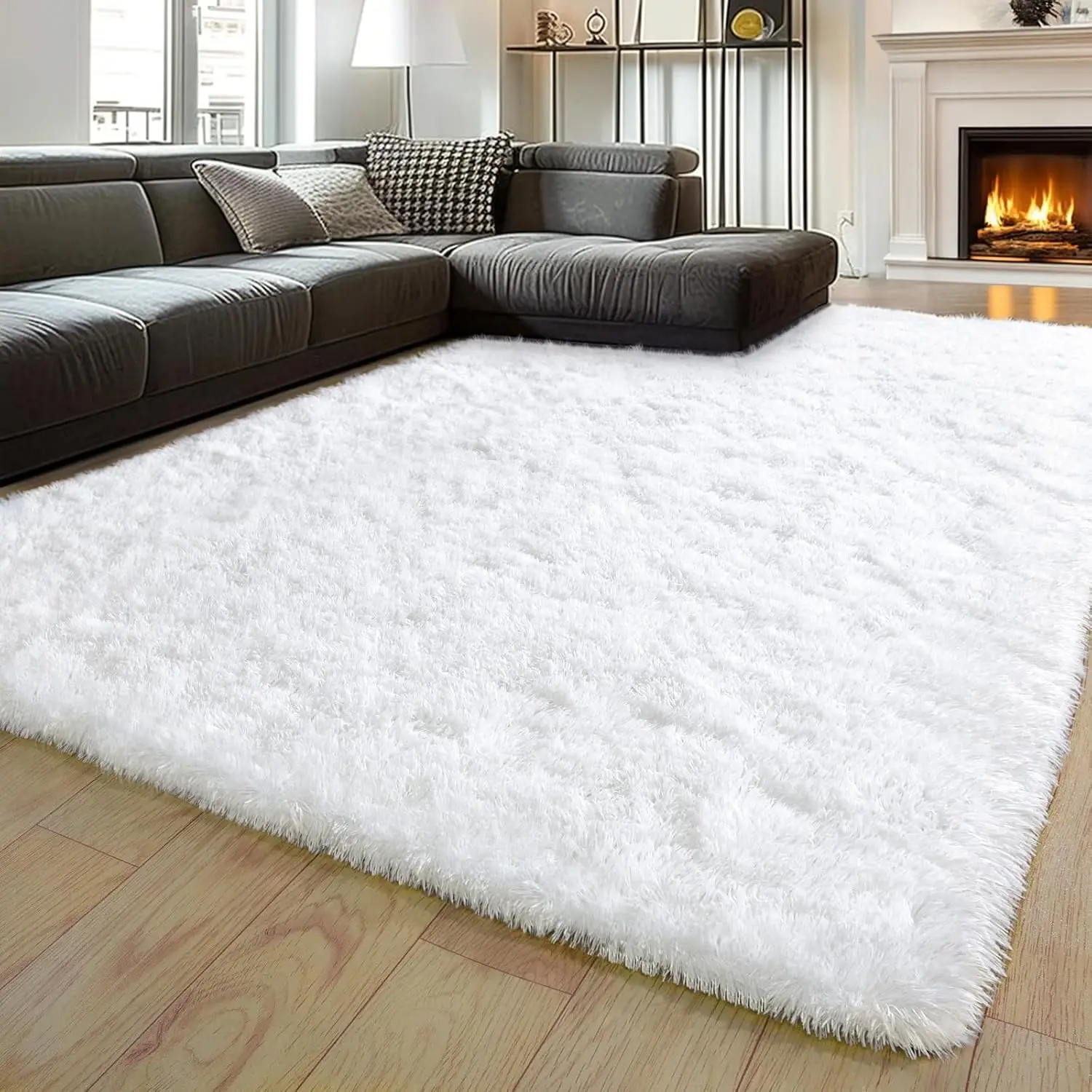 【Back to School】BLIOWL White Stain Resistant Non-Shedding Faux Fur Plush Rug 1.7-inch Thick No Flattening Ultra Soft Fluffy Non-Slip Easy Care Carpet for Kids Pets High Traffic Living Room Bedroom Home Decor Rug Shaggy Rug