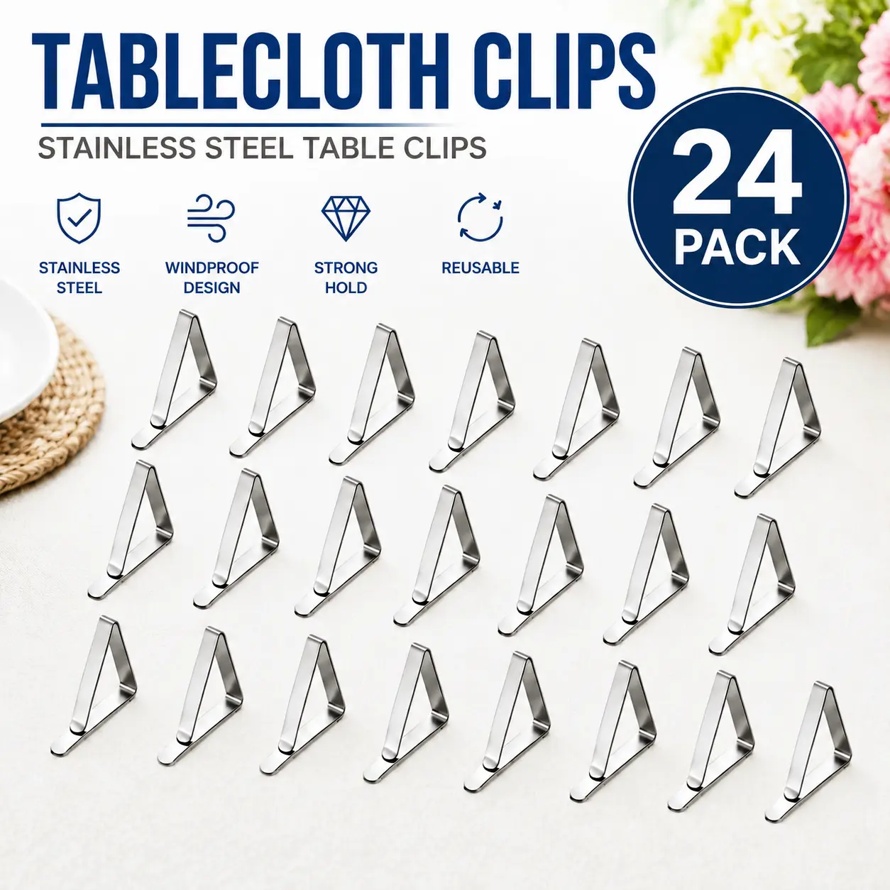 Stainless Steel Tablecloth Clips, Heavy Duty Table Cloth Holders, Keep Tablecloth in Place for Outdoor Picnic, Patio, Party, Wedding & Home Use, 24/12/6/1 Pack