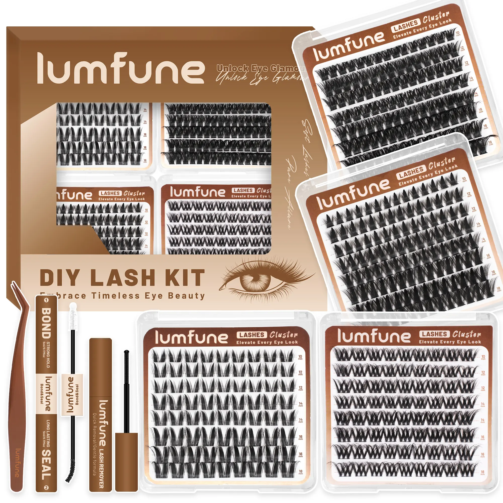 Lumfune - DIY Lash Extension Kit with 4 Styles Cluster Lashes – Bunny, Fairy, Volume & Natural | Easy At-Home Application | Bond & Seal, Lash Remover & Tweezers Included
