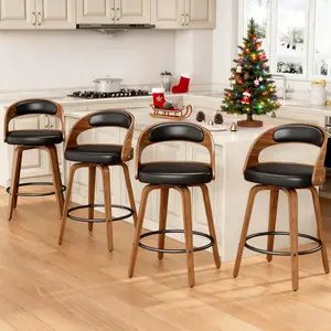 Aowos 26" Barstools, Counter Height Bentwood Barstool with Back and Footrest, Mid-Century Modern PU Leather Upholstered Bar Chair, 360° Swivel Design, Sturdy Metal Base for Kitchen Island, Home Bar, Cafe and Dining Room, Black, White, Brown, Grey, Green