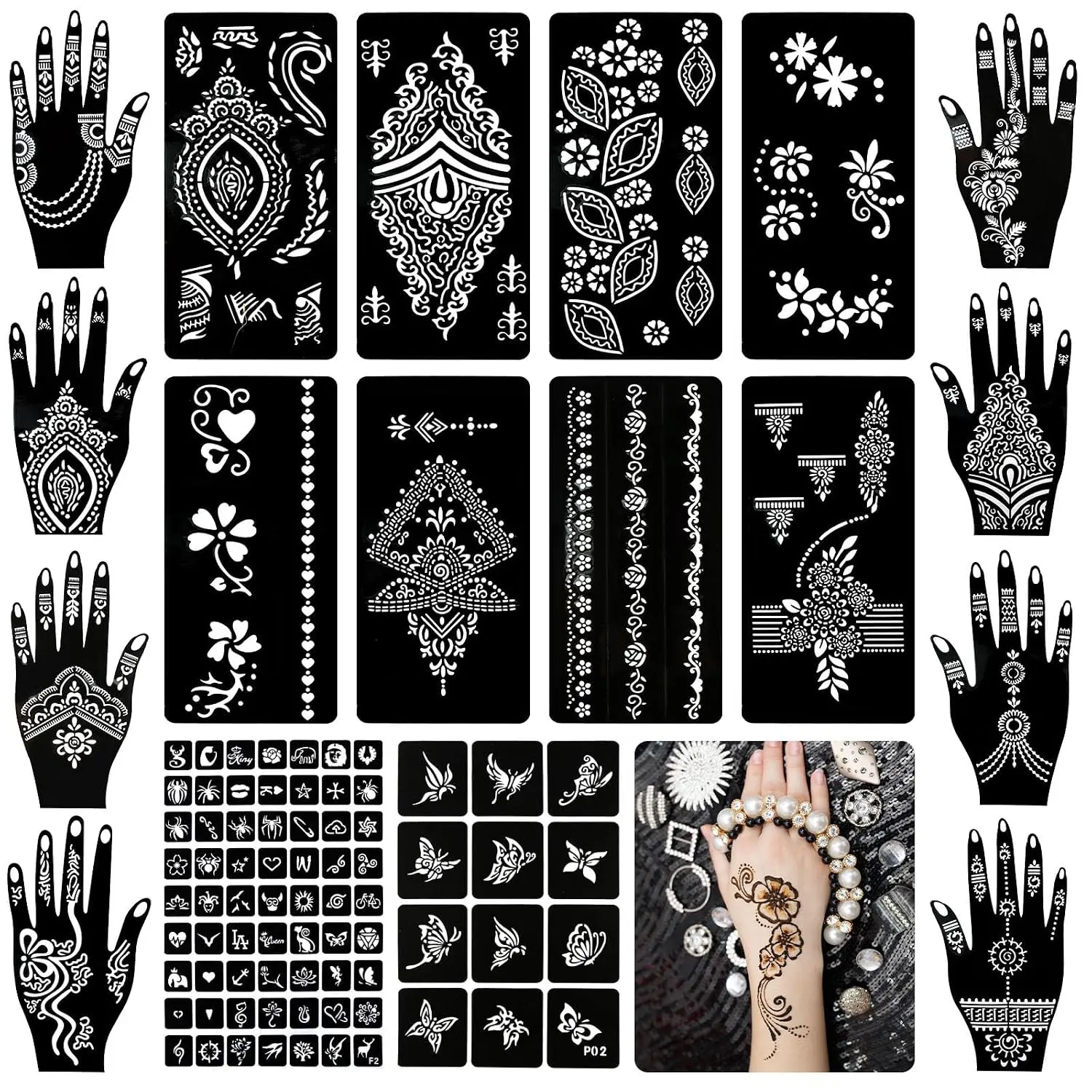 Henna Tattoo Stencils, Temporary Flower Patterns Glitter Airbrush Tattoo Kits Arabian Stickers for Women and Girls Face Hand Paint Body Art