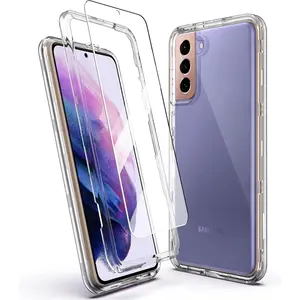 Clear Case for  Galaxy S21+ / S21 Plus 5G, 3 in 1 Shockproof Bumper Protective Phone Cover, Hybrid Design Hard PC Shell + Front Cover + Flexible TPU Bumper + 2 Tempered Glass Protectors