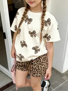 Girls' Sweet & Cool Leopard Print Bow Short Sleeve & Shorts Two-Piece Set, Summer Casual Kids Outfit, Clothes Kids