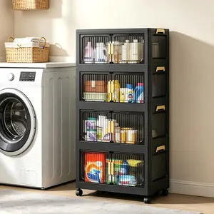 23.6-inch Wide Plastic Storage Bin with Lid—Foldable, Stackable Storage Bin with Wheels; Organizer and Storage Cabinet with Wheels and Door; Storage and Organization Container for Living Rooms, Offices, and Dorm Rooms collapsible