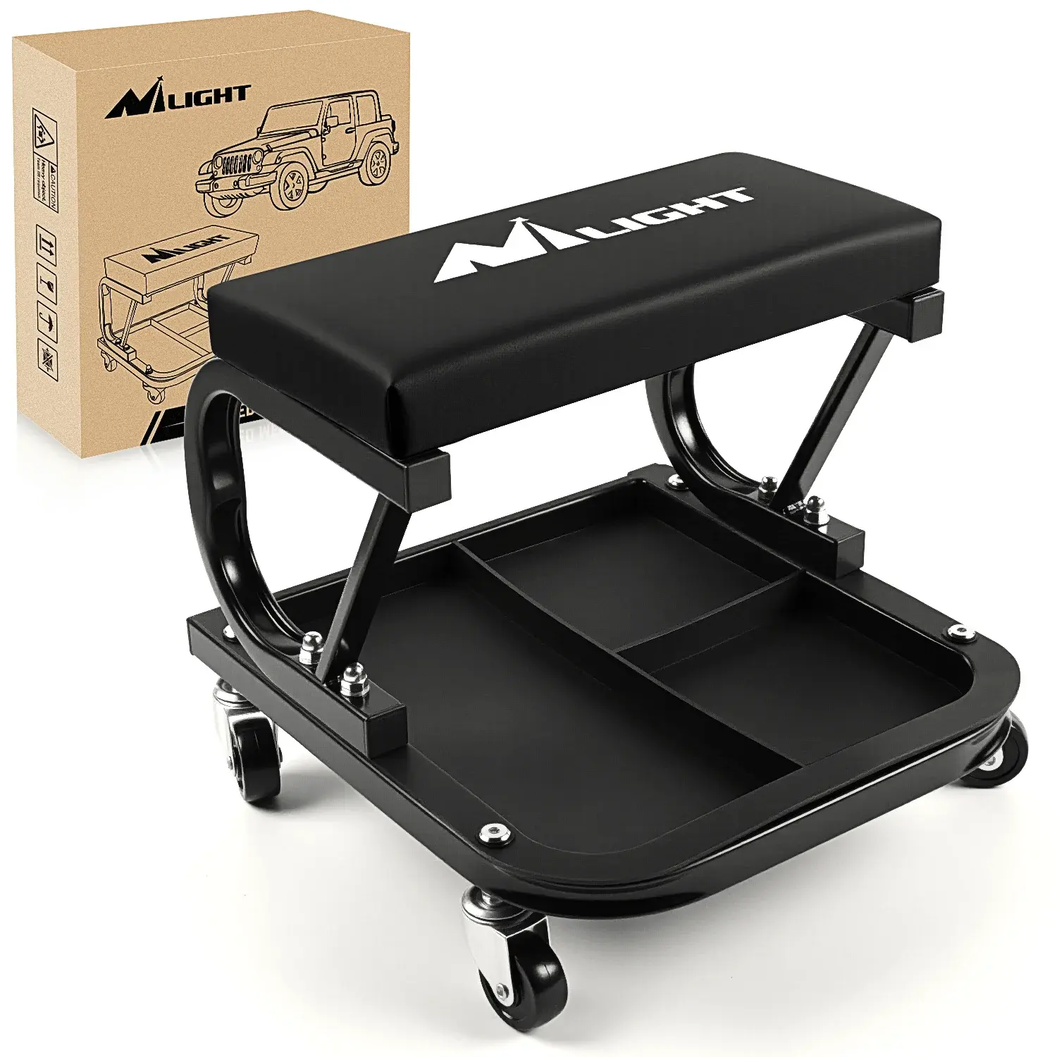 Nilight Rolling Auto Repair Seat with Steel Frame, 260lbs Load Capacity, Black Padded Cushion, Tool Tray Storage for Automotive Vehicle Tool & Auto Repair Maintenance Tasks, Auto Repair Tools