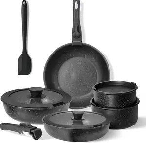 Beddle 12-Piece Pots and Pans Set Non Stick, Cookware Set with Detachable Handle, Oven Safe, Induction Ready, Stackable RV Kitchen Cooking Set, Black