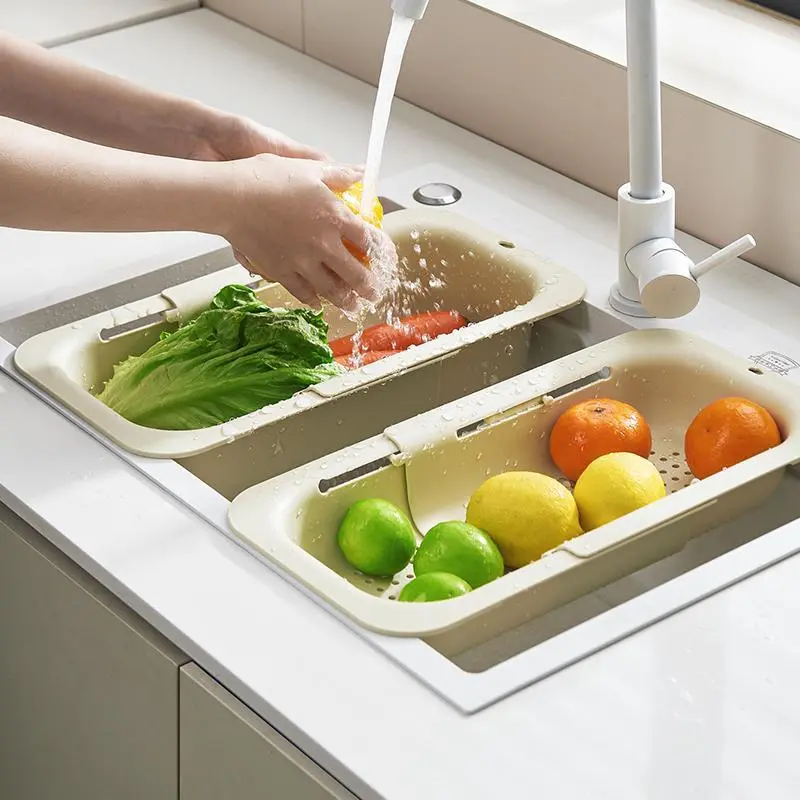Freylo Collapsible Drain Basket, Kitchen Sink Strainer, Vegetable Wash Basket, Storage Rack, Fruit and Vegetable Drain Basket, Milky White,Draining Utensils,