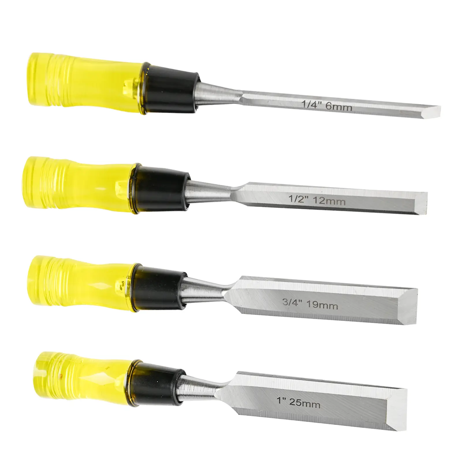 Woodworking Chisel Set 4-Piece 6mm-25mm Alloy Steel Blades Crystal Clear Handles with Protective Caps for Carving Edge Trimming Carpentry Tools