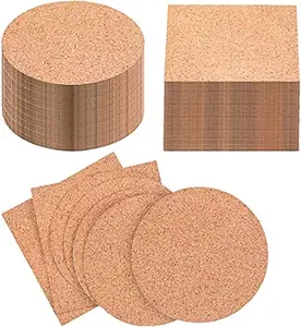 100 Pieces Self-Adhesive DIY Coaster Square Cork and Round Cork Backing Sheets, Mini Wall Cork Tiles for Coasters and DIY Sticky Crafts, 4 x 4 Inch