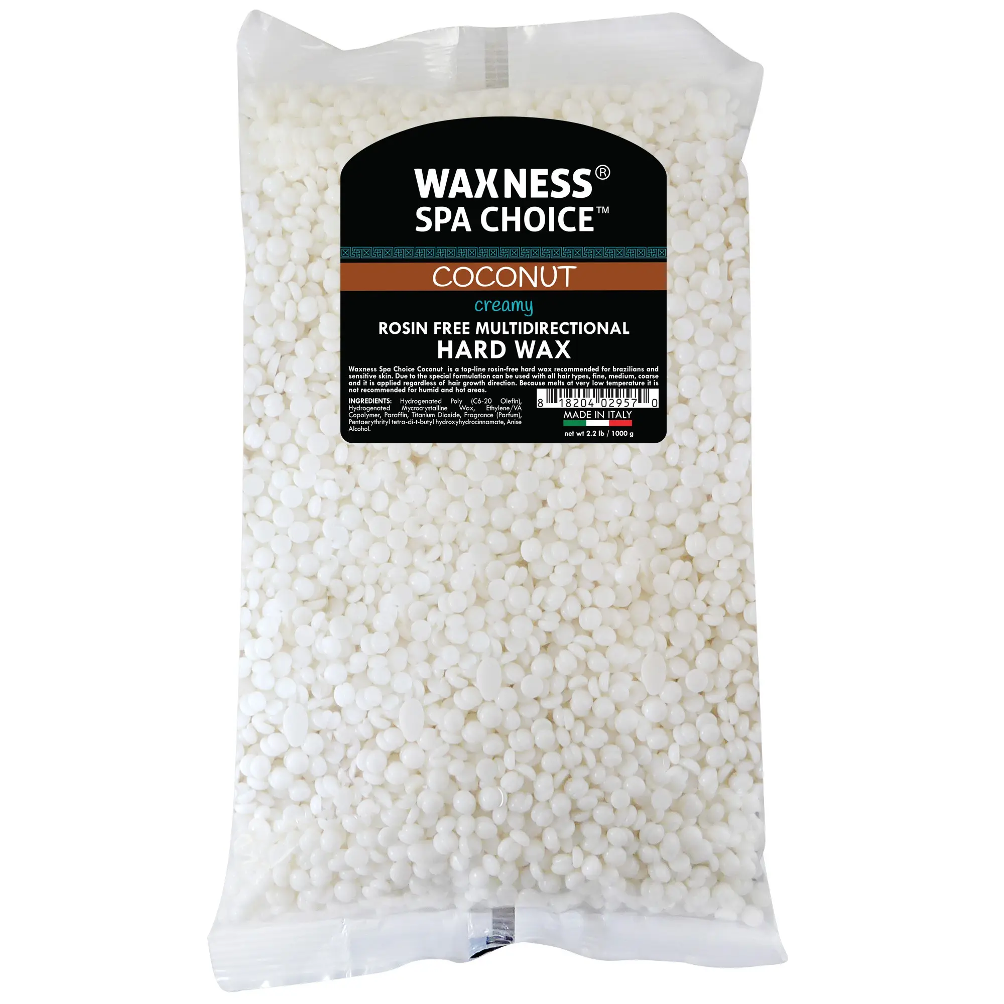 Waxness Spa Choice Rosin Free Multidirectional Hard Wax Coconut  2.2 lb / 1 kg For Hair Removal - Made in Italy - Creamy - Hypoallergenic base resin