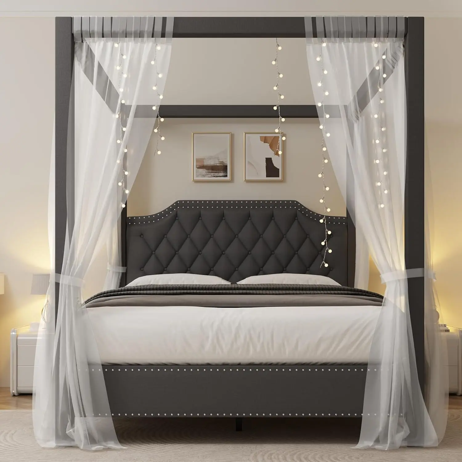 【Christmas Gift】Queen Size Canopy Bed Frame with Nailhead Decoration Headboard Upholstered Bed Frame with Poles 4 Corner Bed Bracket Solid Wood Slats Support No Box Spring Needed Noise Free Gray
