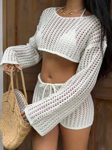 Women's Vacation Style Two-Piece Knit Matching Set, Hollow Out Design, Pure Color, Spring Summer Casual Outerwear, Cropped Short Sweater and Drawstring Shorts, Knitted, vacation outfits women,beach outfits for woman,going out tops women,tops