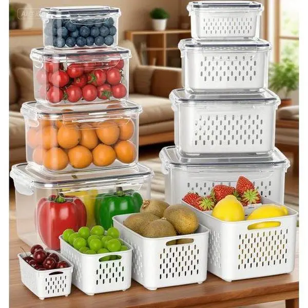 8-Pack Airtight Food Storage Containers with Removable Colander, 2-in-1 Divider Plate for Fresh Berries, Dishwasher Safe Fridge Organizers, Reusable Kitchen Containers for Fruits and Vegetables