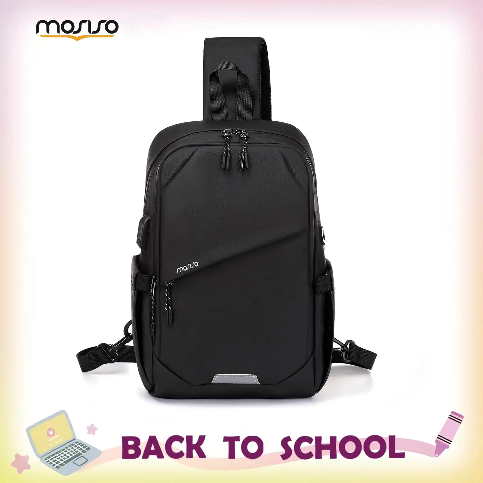 MOSISO Waterproof Polyester Sling Backpack with USB Port - Unisex Adjustable Shoulder Strap, Men's Accessories, Work Bag for Travel & Hiking, Portable Zip Synthetics Daypack
