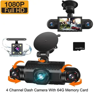 1 Pcs 4 channel Dash Camera Front + Rear + Left + Right with 64G Card , 360° Swivel Camera, Reversing Camera, Safety Dash Camera, Loop Recording, Night Version, Gravity Sensor 3 Inch Display HD Dash Camera