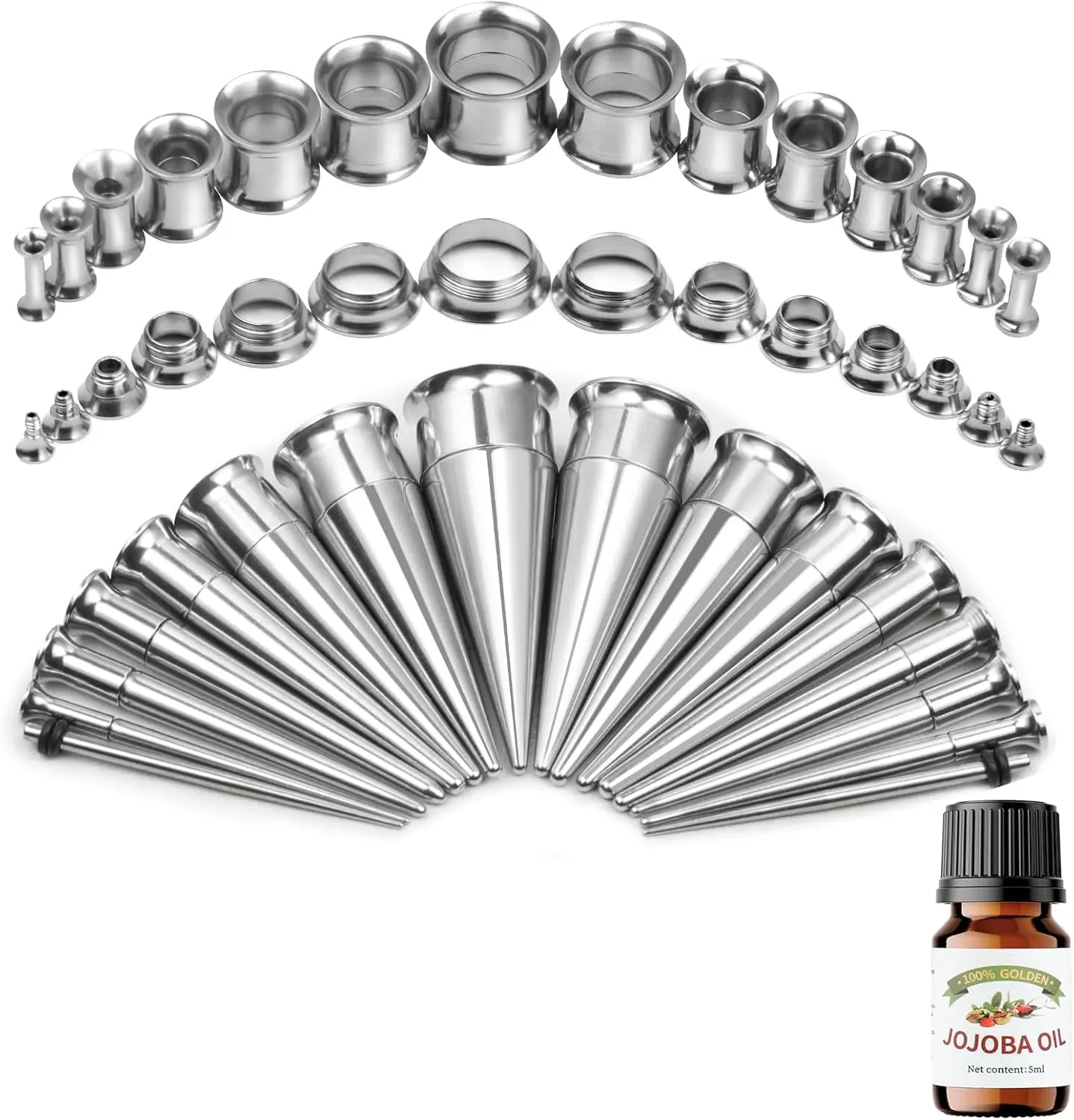 18/41/54Pcs Ear Stretching Kit 1.6-12mm/1.6-10mm Gauges for Ears with O-Rings Ear Gauge Stretching Kit with Aftercare Jojoba Oil or Ear Stretching Balm Ear Expander Body Piercing Jewelry for Women Men