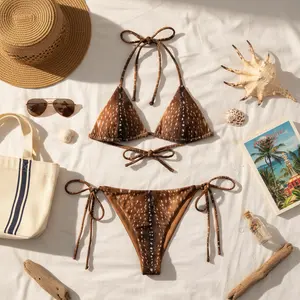 Chestnut Brown “Doe’s Whisper” Fawn Deer Print Bikini Set – Cute Animal Print Triangle Swimsuit Women, Aesthetic Nature Inspired Swimwear, Adjustable String Two Piece Bikini, Cottagecore Beachwear