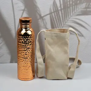 Hammered Copper Water Bottle with Canvas Pouch, 34oz Leak-Proof Pure Copper, Portable Ayurvedic Drinking Container for Yoga, Fitness, Travel