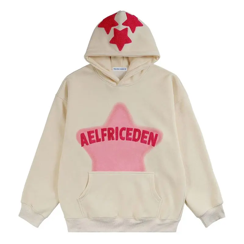 Men's Graphic Hoodies, Vintage Casual Hooded Sweatshirt with 3D Star Embroidery, Baggy Cut Cotton Blend Pullover with Oversized Hood