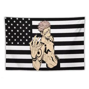 Black USA America Flag Tapestry - Anime Funny Room Merch - Backdrop Tapestry Jujutsu Kaisen Aesthetic Decor Decoration