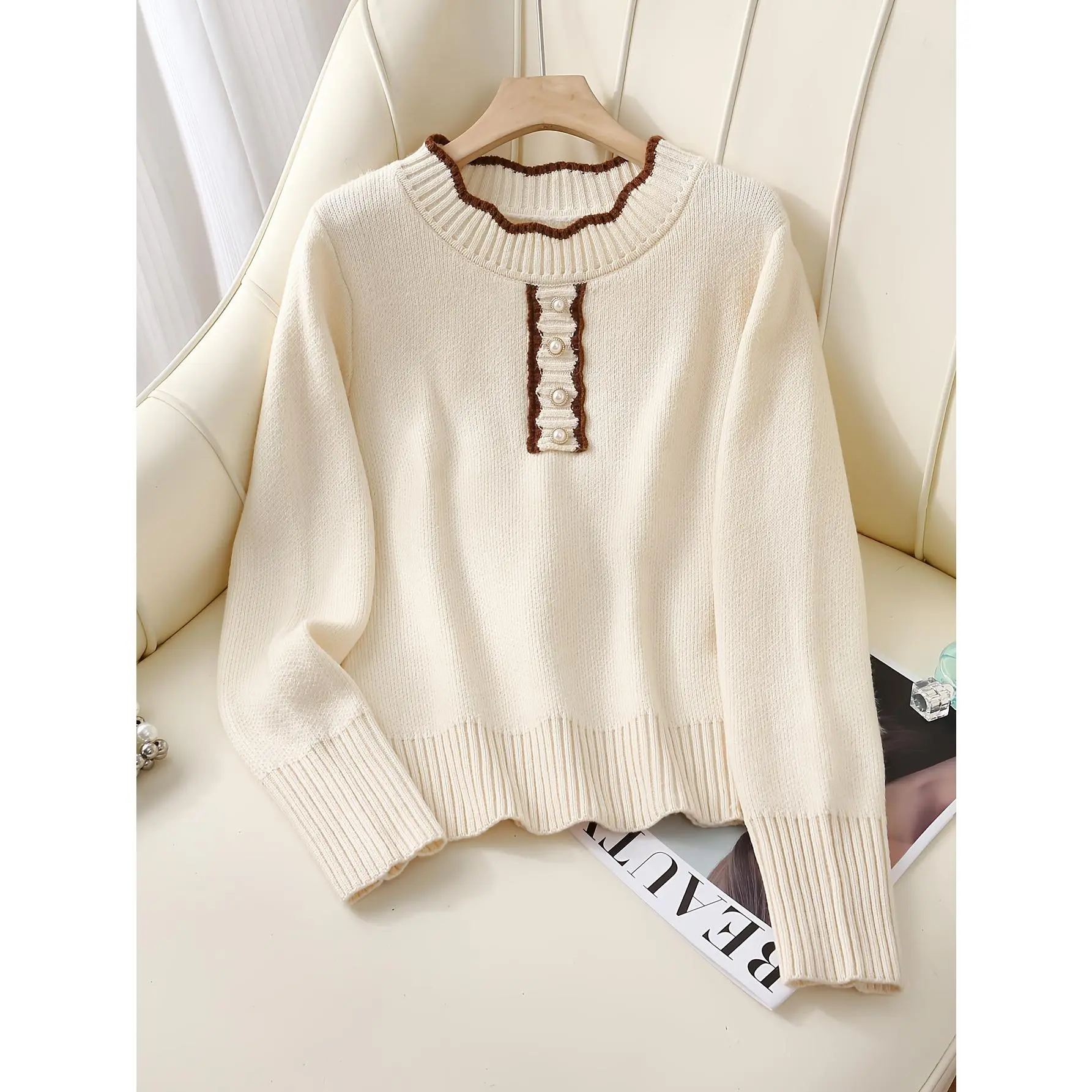 Women's Cozy Fleece-Lined Knitting Sweater Tops - Casual Round Neck, Longsleeves, Thick Fabric, Button Detail, White with Brown Trim, Fall & Winter Casual Wear