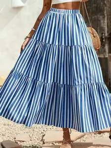 Women's Striped Maxi Skirt, Summer Casual Long Dress, Fashionable Comfort Design, Perfect for Everyday Wear, Loose-Fitting Style, Womenswear