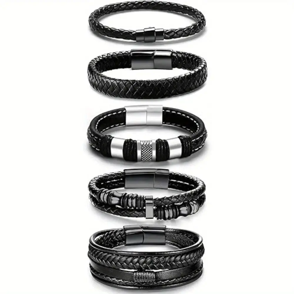 5Pcs Leather-Steel Braided Cuff Bracelets, Men’s Matching Sets for Daily Wear with Bold Look