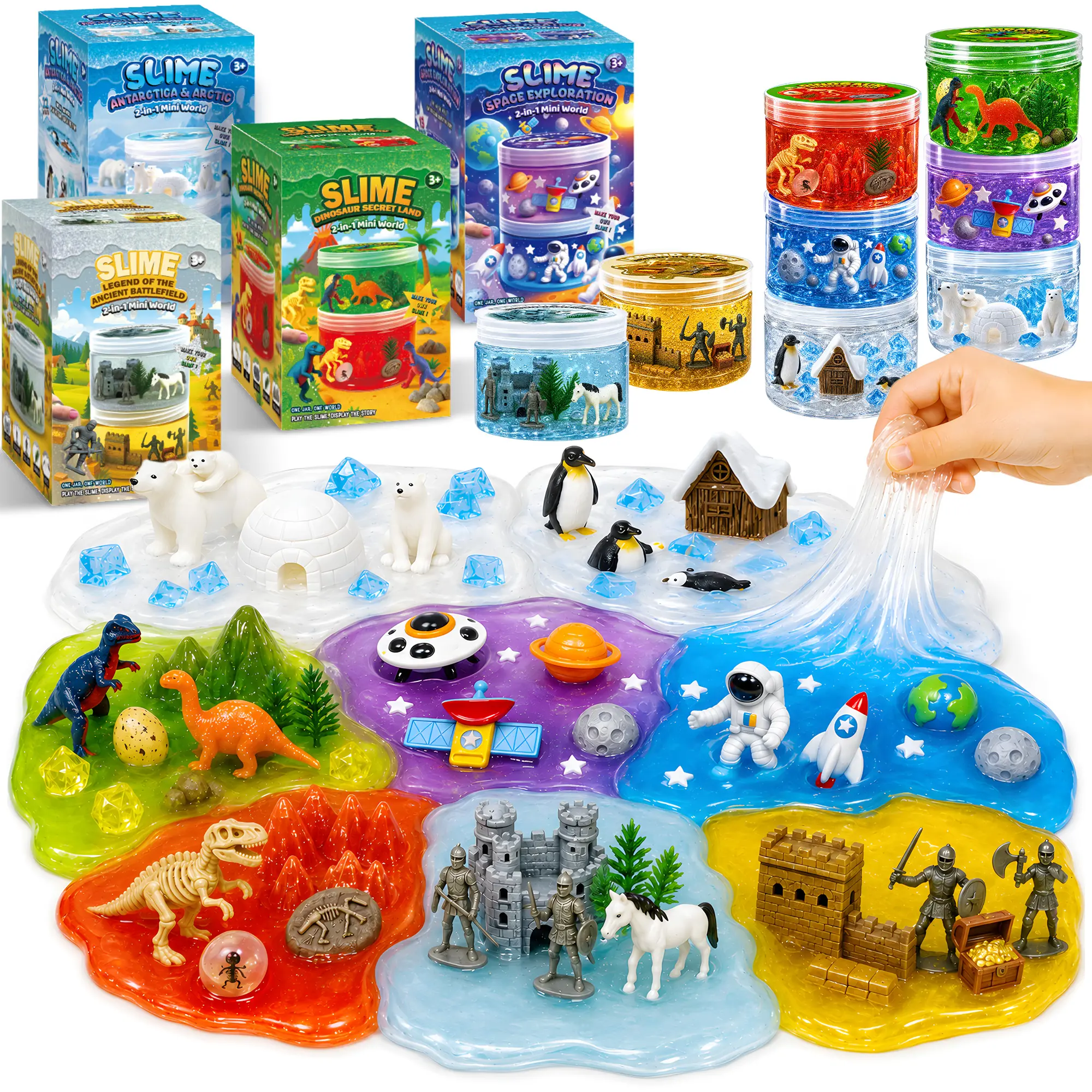 JoySpot 8-Pack Crunchy Slime Kit for Kids, 56/28oz Slime Tubs, 4 Worlds & 8 Themes Mini Figures,Mess-free Non-toxic, ASMR, Stress Relief, Fidget Toy, ASTM & CPSIA Certified, Sensory Play, Fine Motor Skills, Ideal for Parties, Classrooms Gifts, Stress Reli