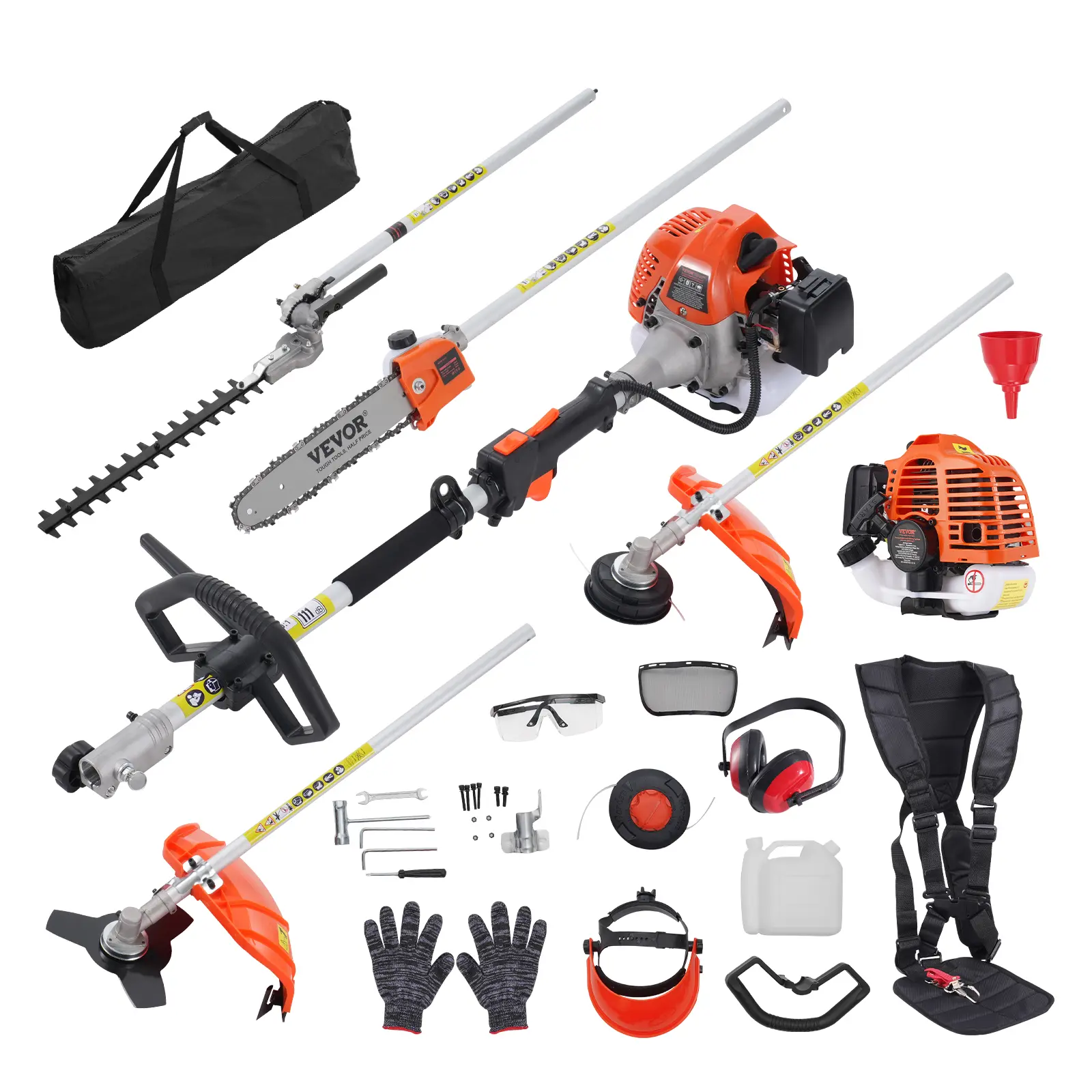 VEVOR 52CC 6-in-1 Portable Gas Lawn Equipment Kit - Hedge Trimmer, Weed Eater, String Trimmer, Brush Cutter, Edger, Pole Saw Chainsaw Pruner, Blade, Shoulder Strap, 40-Min Single Tank Runtime, Father's Day Gift