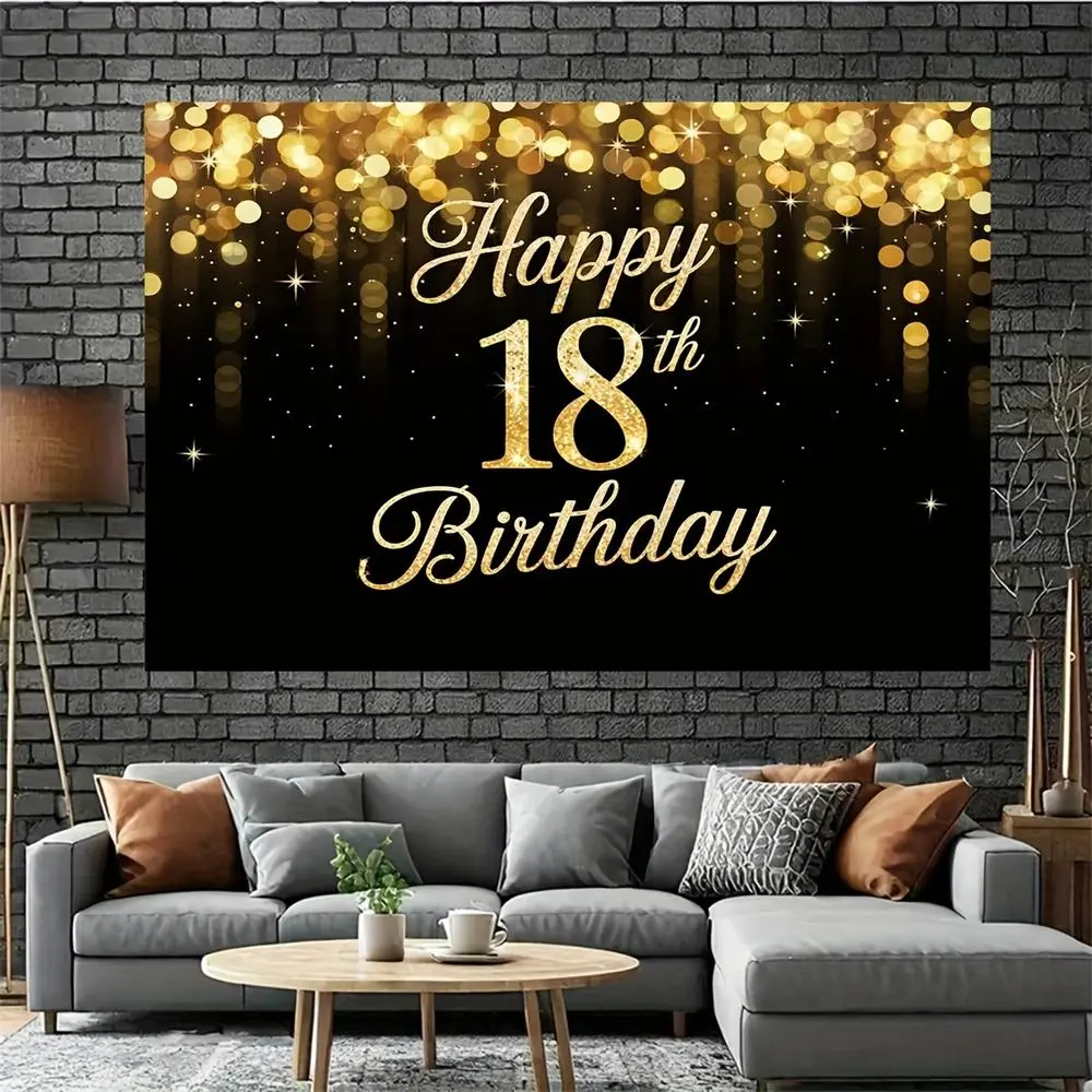 2D Flat Polyester Background Banner, Glamorous Golden "Happy 18th Birthday" Cloth, Indoor-Outdoor Party Photo Supplies, Festive Event Decoration, Happy Birthday, Classic Festive Backdrops & Banners, Flat Fabric