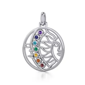 Sun and Moon Sterling Silver Pendant with Chakra Gemstone TPD5290
