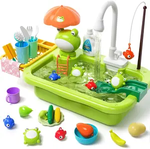 CUTE STONE Play Sink with Running Water, Kitchen Sink with Upgraded Electric Faucet, Play Kitchen , Realistic Learning Cookingset Spring