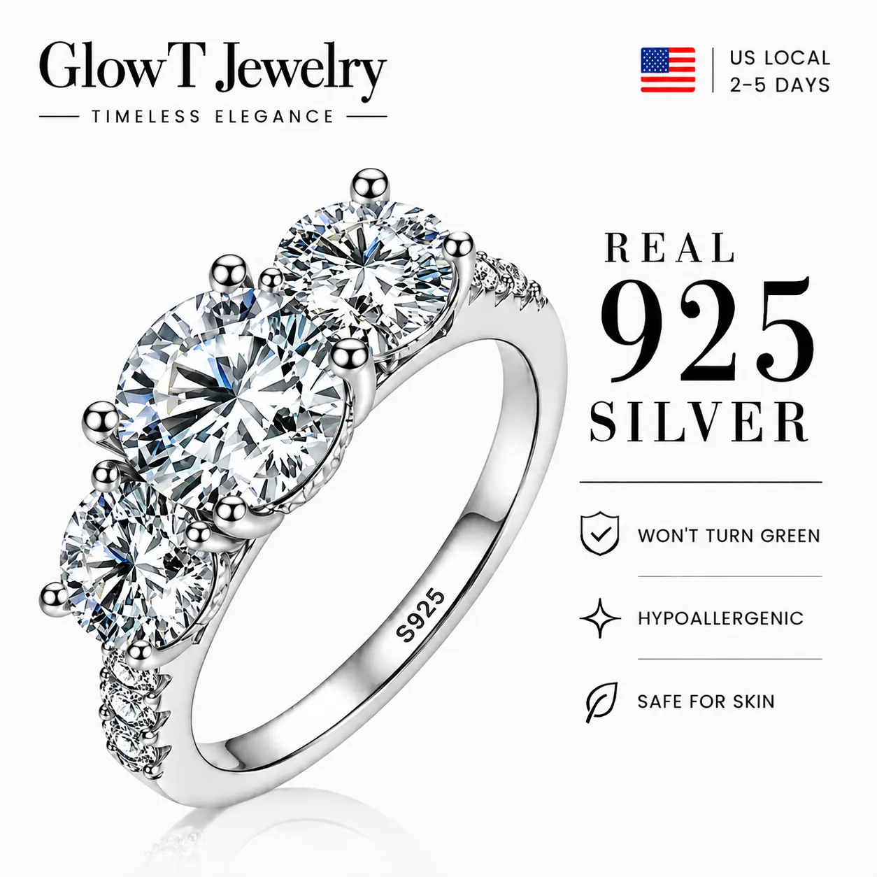 925 sterling silver Classic Three Stone Statement Ring with Brilliant Round Cut Center Diamond and Elegant Gold or Silver Finish for Women who love quiet luxury timeless bridal style romantic anniversary moments sophisticated evening fashion
