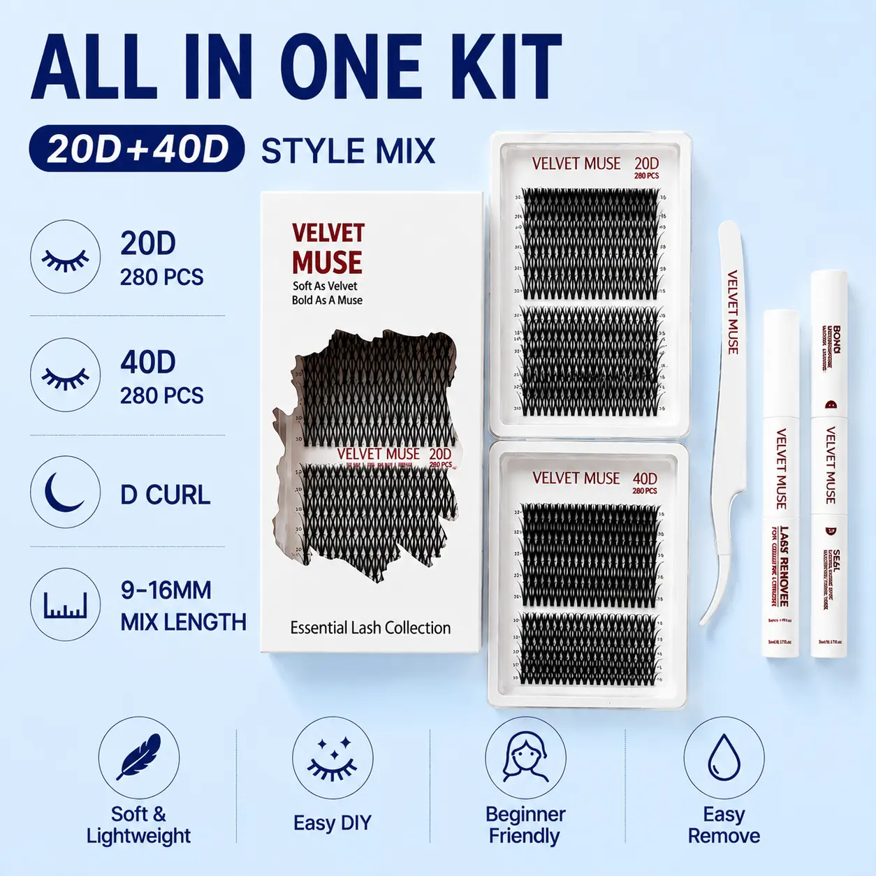 Velvet Muse Cluster Lashes Kit 20D + 40D, D Curl 9-16mm DIY Lash Extension Kit with Bond & Seal, Remover & Tweezers