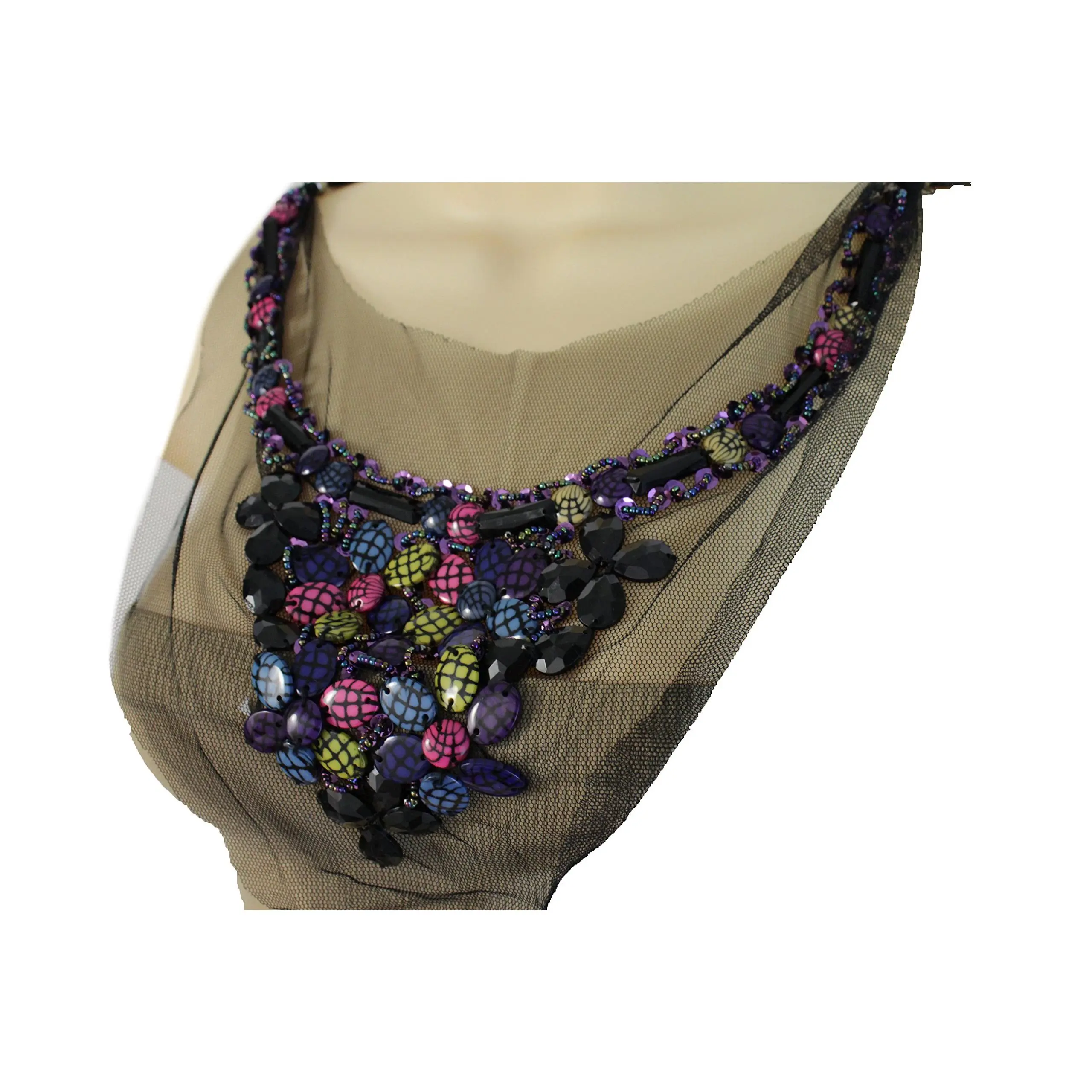 Women Fashion Long Black Lace Satin Fabric Tie Necklace Jewelry Blue Purple Yellow Beads