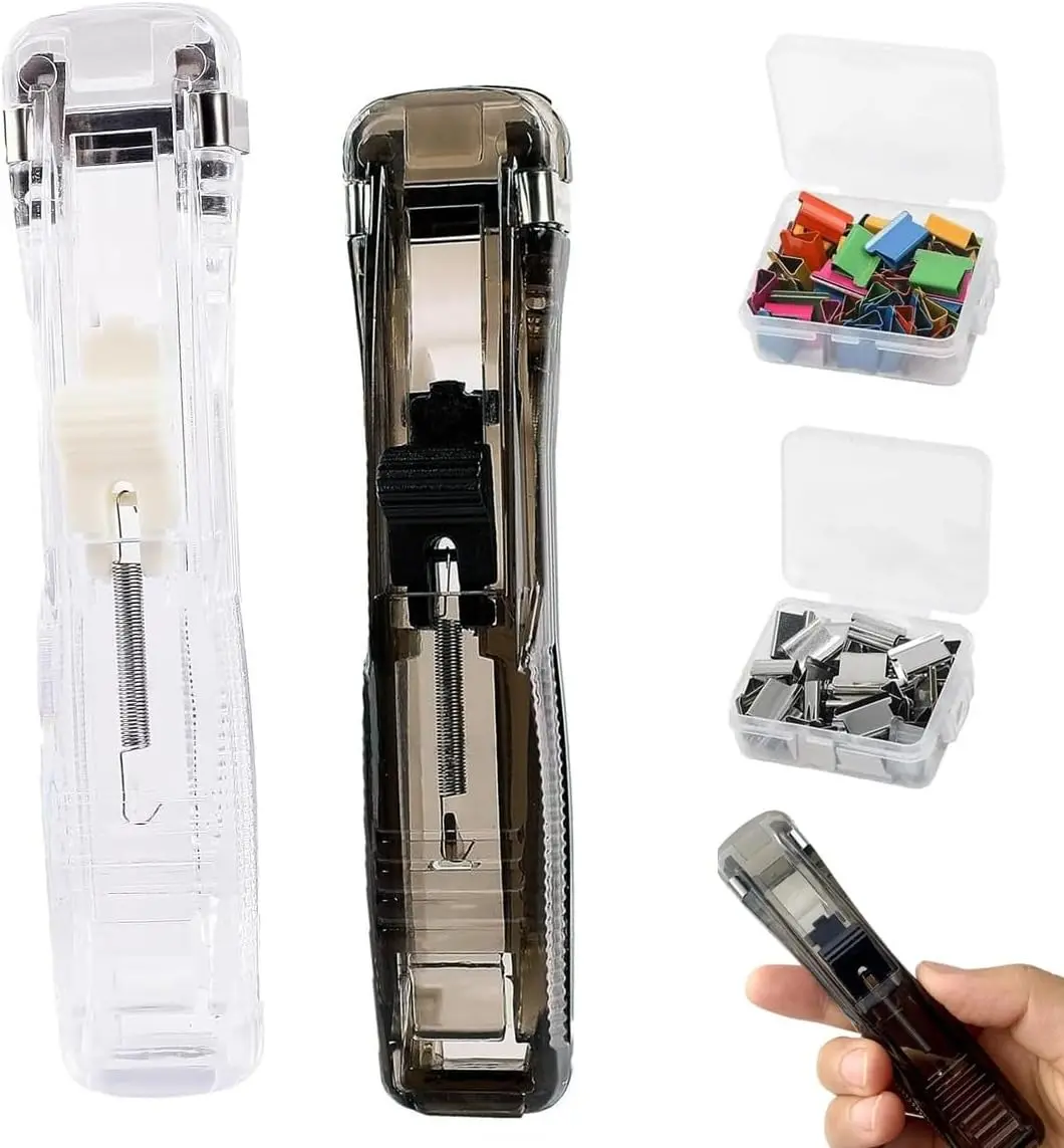 Portable Binder Clip Stapler, Handheld Paper Clam Clip Dispenser Large Size, Includes 100 Reusable Clips, Handheld Fast Paper Clipper for File Binding and Document Organization (White and Black)