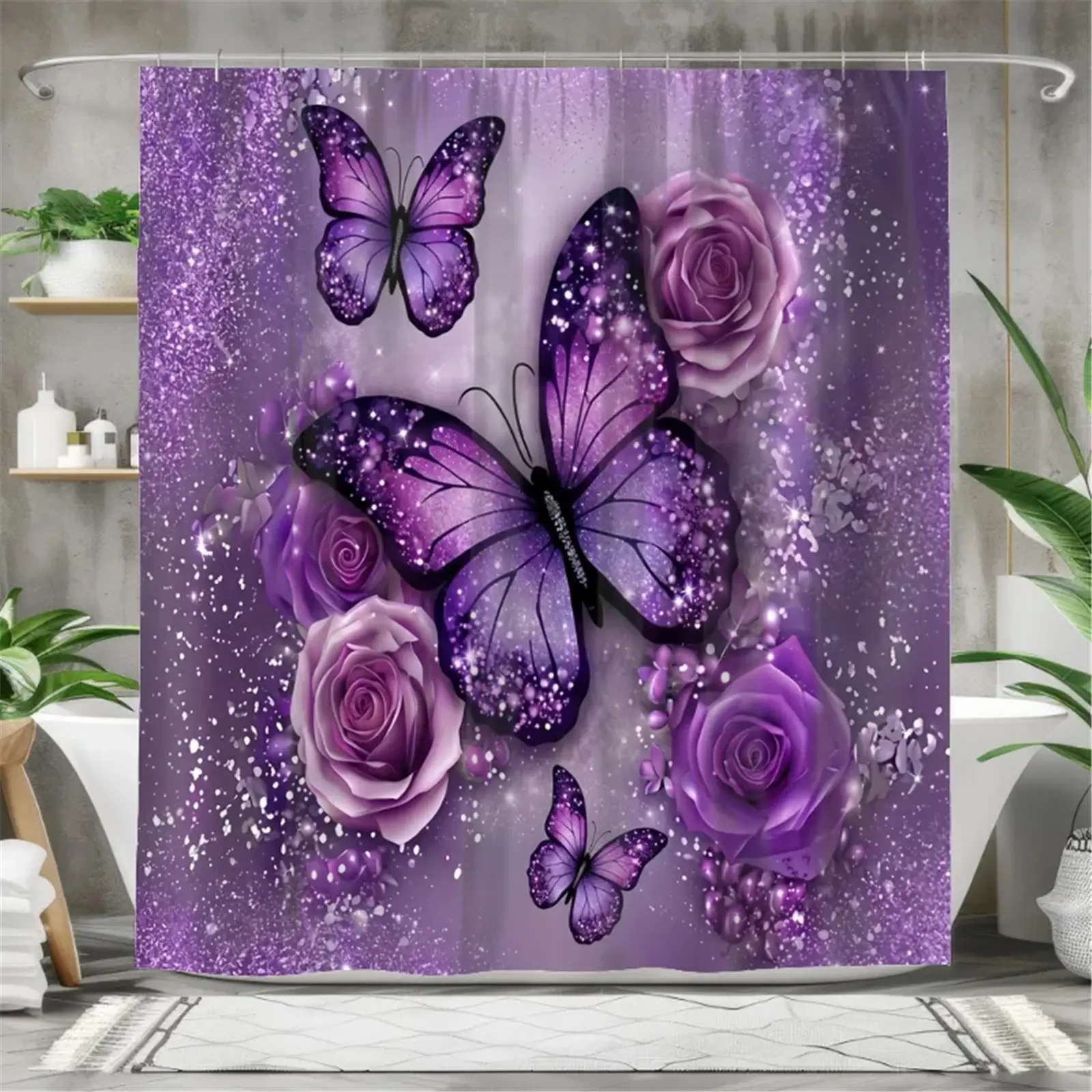 Dreamy purple glitter butterfly rose shower curtain set, waterproof shower curtain with 12 hooks, non-slip bathroom carpet, toilet U-shaped cushion, toilet seat cover cushion, bathroom decoration, bathroom shower curtain set, perfect mobile gift